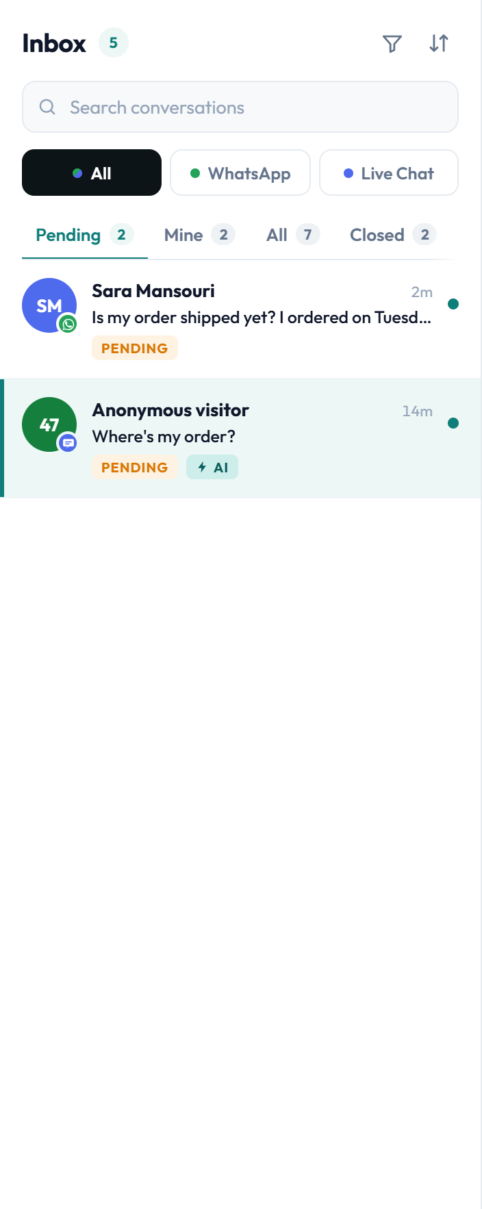 Conversation queue showing In pool, Claimed and AI handling states with agent initials