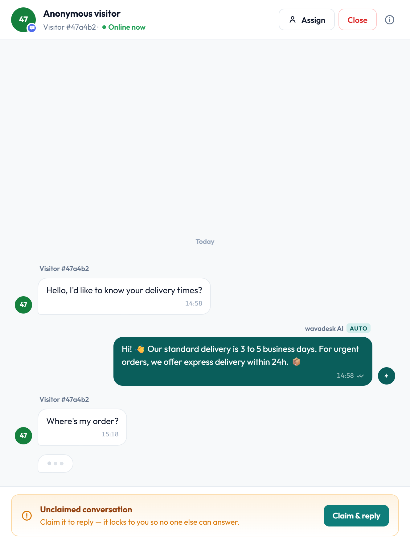 A conversation where the AI answered a delivery question from the knowledge base