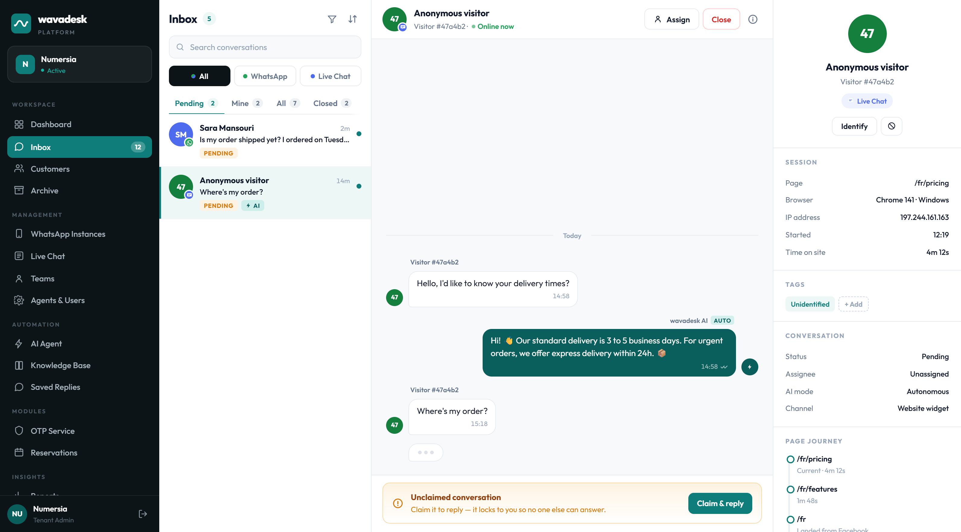 Shared inbox showing both WhatsApp and Live Chat conversations in one list with channel badges