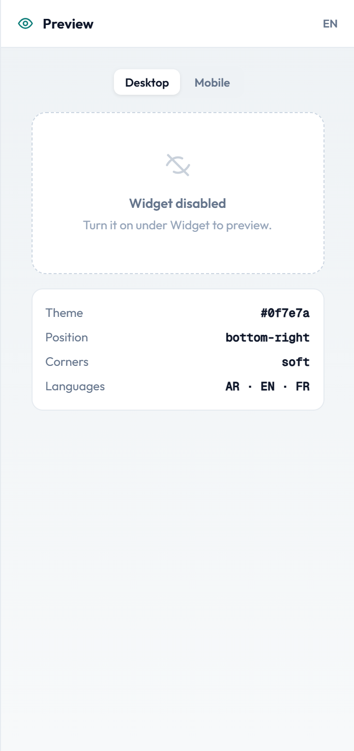 Widget preview panel showing the chat bubble, greeting and composer as a visitor would see it